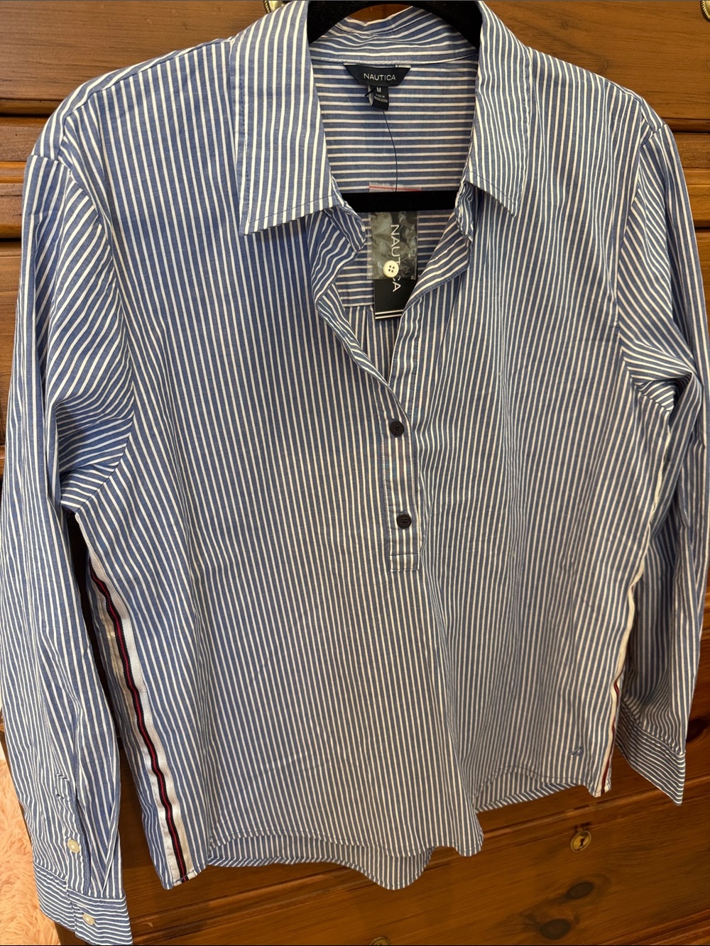 NWT Nautica WOMENS Blue and White Vertical Stripe HALFButton-Front TUNIC SHIRT